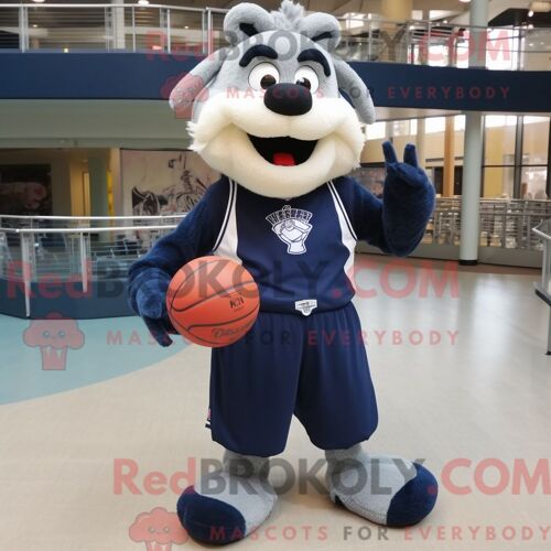 Personnage De Costume De Mascotte Redbrokoly De Ballon De Basket-Ball Bleu Marine Habillé Avec Un Pantalon Habillé Et Des Sacs À Dos