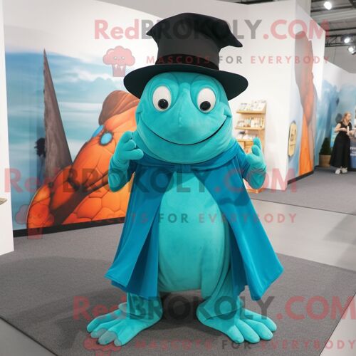 Costume Mascotte Redbrokoly De Chapeau De Sorcière Turquoise Personnage Habillé Avec Un Col Roulé Et Des Cravates