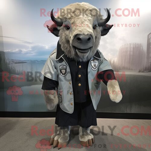 Personnage De Costume De Mascotte Redbrokoly De Buffle Gris Habillé D Un Manteau Et D Épinglettes