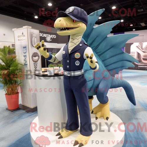 Costume Mascotte Redbrokoly Spinosaurus Bleu Marine Habillé D Un Pantalon De Yoga Et De Boutons De Manchette