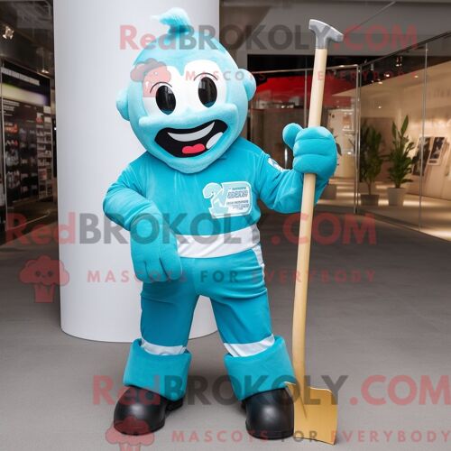 Costume De Mascotte Redbrokoly De Bâton De Hockey Sur Glace Turquoise Personnage Habillé D Une Salopette Et De Coussinets De Pieds