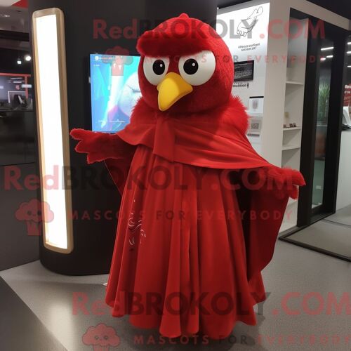 Costume De Mascotte Redbrokoly De Canari Rouge Habillé D Une Robe Midi Et De Châles