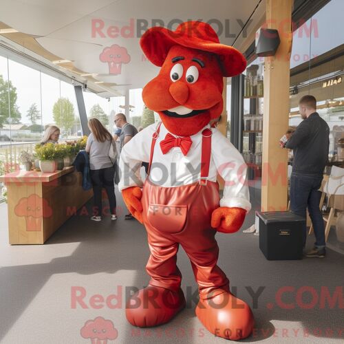 Costume Mascotte Redbrokoly De Goulash Rouge Habillé D Une Salopette Et De Portefeuilles