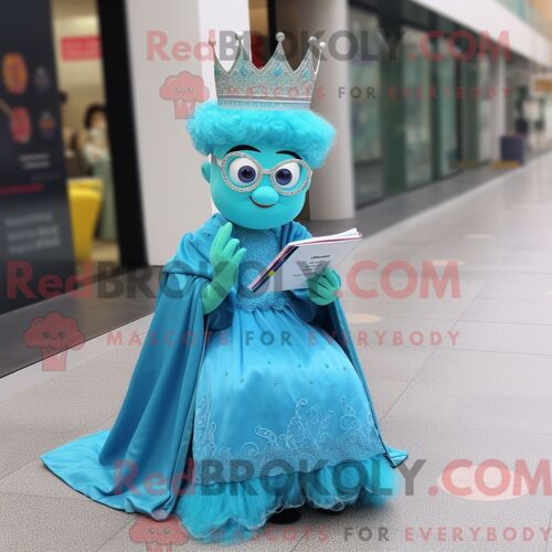 Costume Mascotte Redbrokoly De La Reine Cyan Habillé D Une Robe Et De Lunettes De Lecture
