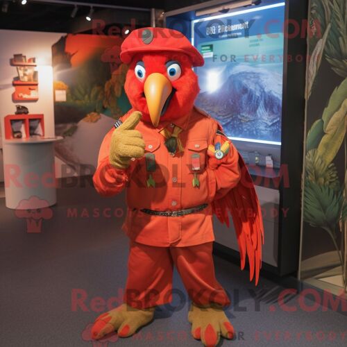 Costume De Mascotte Redbrokoly D Ara Rouge Habillé D Une Combishort Et De Bérets