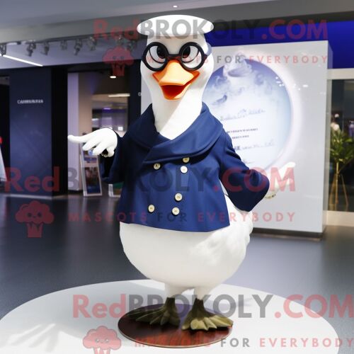 Costume Mascotte Redbrokoly De Cygne Bleu Marine Habillé D Un Cardigan Et De Lunettes