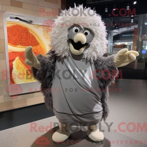 Personnage De Costume De Mascotte Redbrokoly De Poulet Parmesan Gris Habillé D Une Parka Et D Épingles À Châle