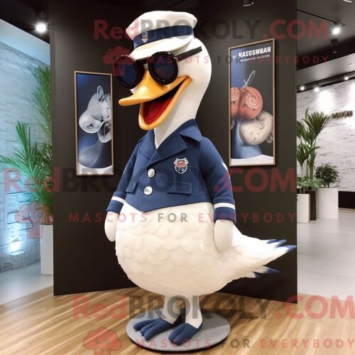 Costume Mascotte Redbrokoly De Cygne Bleu Marine Habillé D Un Cardigan Et De Lunettes