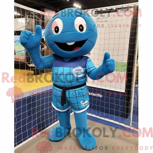 Costume Mascotte Redbrokoly De Filet De Volley-Ball Bleu Personnage Habillé D Une Combinaison Et De Pochettes De Costume