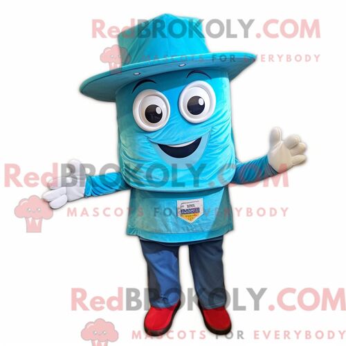 Costume De Mascotte Redbrokoly De Lasagne Turquoise Personnage Habillé Avec Un Jean Et Des Épingles À Chapeau