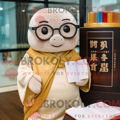 Costume Mascotte Redbrokoly De Dim Sum Beige Personnage Habillé Avec Un T-Shirt Et Des Lunettes De Lecture