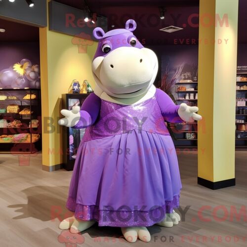 Costume De Mascotte Redbrokoly D Hippopotame Violet Personnage Habillé D Une Robe Taille Empire Et De Pinces À Cheveux