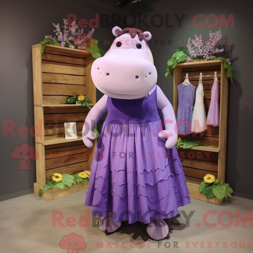 Costume De Mascotte Redbrokoly D Hippopotame Violet Personnage Habillé D Une Robe Taille Empire Et De Pinces À Cheveux