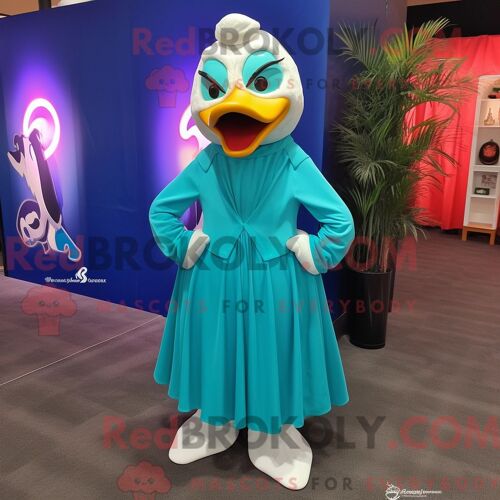 Costume Mascotte Redbrokoly De Cygnes Turquoise Personnage Habillé Avec Une Jupe-Culotte Et Des Boutons De Manchette