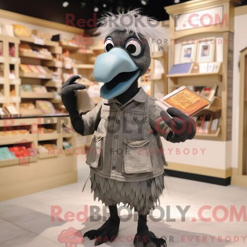 Costume Mascotte Redbrokoly De Dodo Bird Gris Personnage Habillé Avec Une Salopette Et Des Portefeuilles