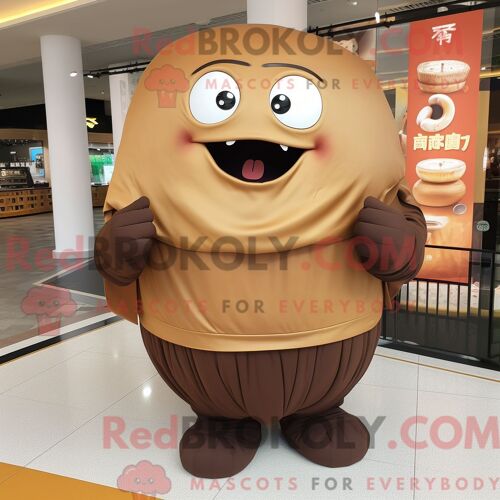 Costume De Mascotte Redbrokoly Dim Sum Marron Habillé D Un T-Shirt À Manches Longues Et De Coussinets De Pieds