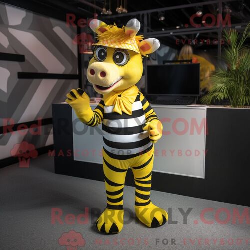 Costume Mascotte Redbrokoly De Zèbre Jaune Habillé D Une Barboteuse Et De Cravates