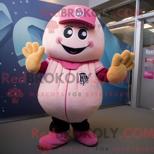 Personnage De Costume De Mascotte Redbrokoly De Pomme De Terre Rose Habillé Avec Un T-Shirt De Baseball Et Des Mitaines