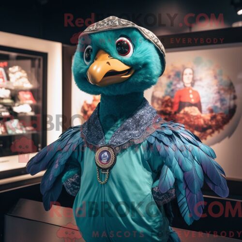 Costume De Mascotte Redbrokoly De Paon Bleu Sarcelle Habillé D Un Blouson Aviateur Et D Épingles À Châle