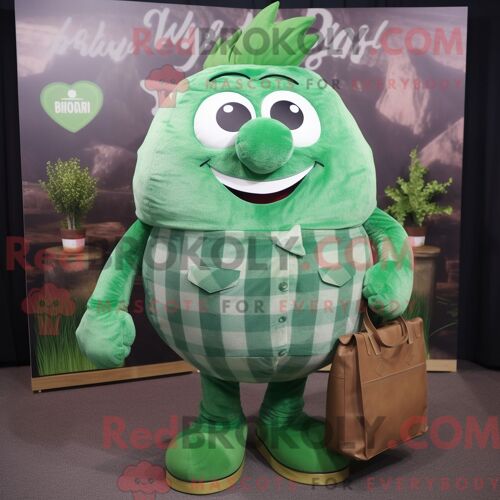 Personnage De Costume De Mascotte Redbrokoly De Betterave Verte Habillé Avec Une Chemise En Flanelle Et Des Sacs À Main