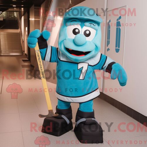 Costume De Mascotte Redbrokoly De Bâton De Hockey Sur Glace Turquoise Personnage Habillé D Une Salopette Et De Coussinets De Pieds