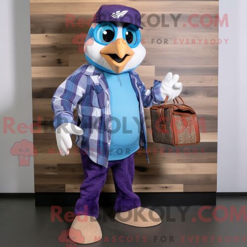 Costume De Mascotte Redbrokoly De Jay Bleu Violet Habillé D Une Chemise En Flanelle Et De Porte-Documents
