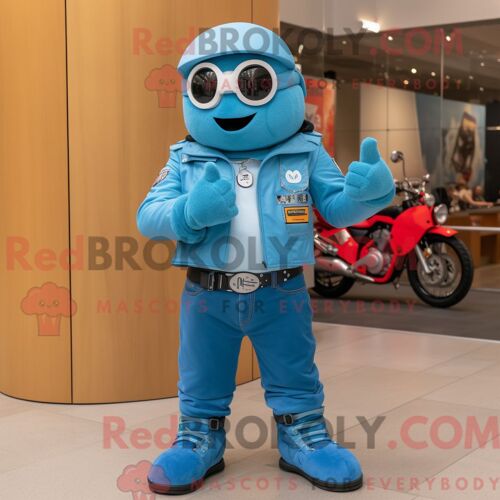 Costume Mascotte Redbrokoly Enchiladas Bleu Ciel Habillé Avec Une Veste De Moto Et Des Bracelets