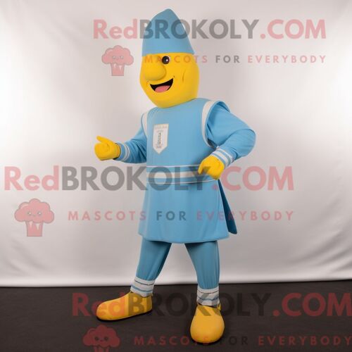 Costume Mascotte Redbrokoly De La Garde Suisse Bleu Ciel Habillé D Un T-Shirt Henley Et De Lacets De Chaussures