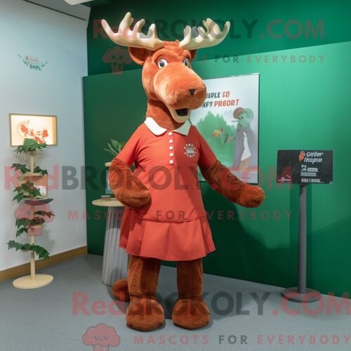 Costume De Mascotte Redbrokoly D Élan Irlandais Rouge Habillé D Une Robe Droite Et De Boutons De Manchette