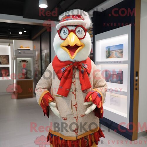 Costume Mascotte Redbrokoly De Coq Habillé D Un Cardigan Et De Casquettes