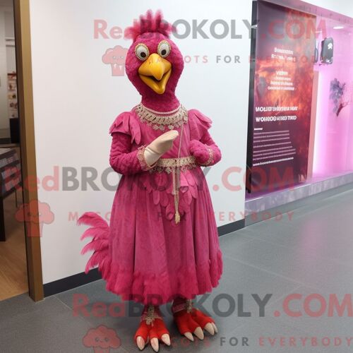 Costume De Mascotte Redbrokoly De Poulet Tandoori Rose Personnage Habillé Avec Une Robe Taille Empire Et Des Boucles D Oreilles