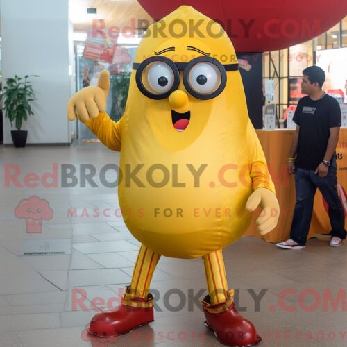 Personnage De Costume De Mascotte Redbrokoly De Boulettes De Viande Dorées Habillé Avec Un Jean Bootcut Et Des Lunettes
