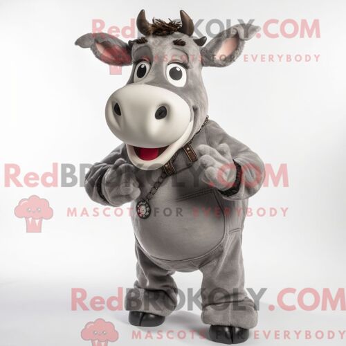 Costume De Mascotte Redbrokoly De Vache En Jersey Gris Personnage Habillé D Une Salopette Et D Un Bracelet De Montres