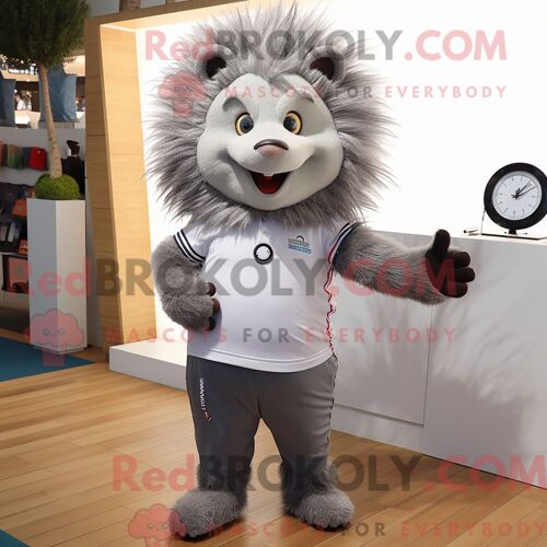 Costume De Mascotte Redbrokoly De Porc-Épic Gris Habillé D Un Polo Et De Montres Numériques