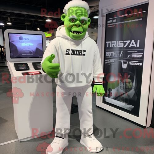 Mascotte Redbrokoly De Monstre De Frankenstein Blanc Costume De Personnage Habillé Avec Un Pantalon De Jogging Et Des Boucles D Oreilles