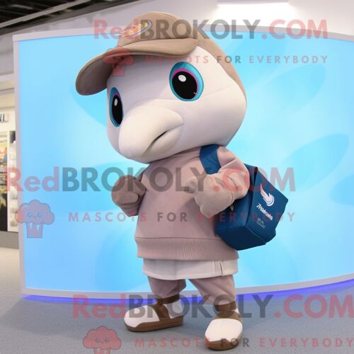 Costume Mascotte Redbrokoly De Dauphin Beige Habillé D Un Pull Et De Porte-Clés