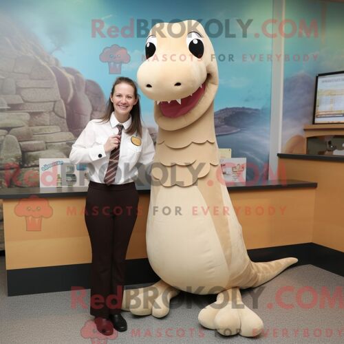 Mascotte Redbrokoly De Monstre Du Loch Ness Beige Costume De Personnage Habillé Avec Un Chemisier Et Des Épingles À Cravate