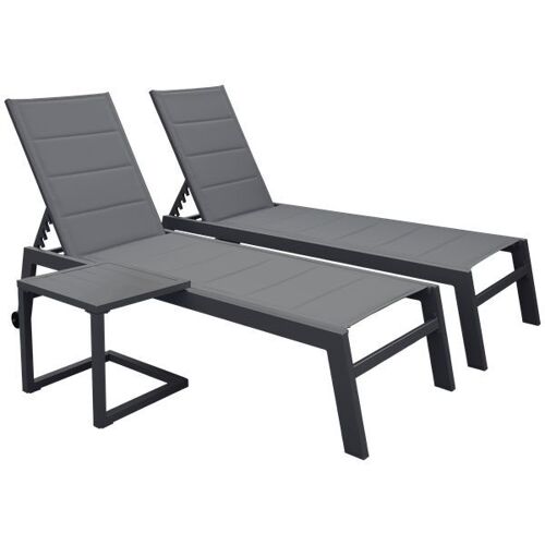 Set 2 Bains De Soleil Et Table D'appoint Barbados En Textilène Gris - Aluminium Gris Anthracite