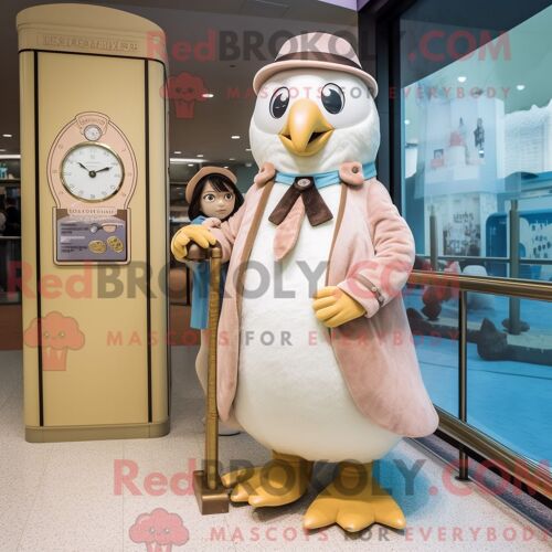 Mascotte Redbrokoly De Pingouin Beige Costume De Personnage Habillé Avec Une Jupe Et Des Montres