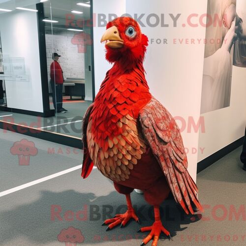 Costume De Mascotte Redbrokoly De Faisan Rouge Habillé D Une Jupe Plissée Et De Coussinets De Pieds