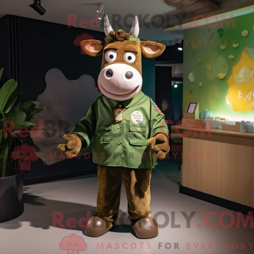 Costume De Mascotte Redbrokoly De Vache De Guernesey Olive Habillé D Une Combishort Et De Broches