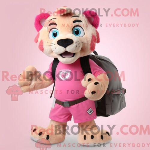 Costume Mascotte Redbrokoly De Smilodon Rose Habillé Avec Une Jupe-Culotte Et Des Sacs À Dos