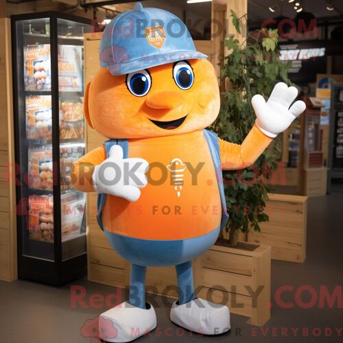 Costume Mascotte Redbrokoly De Personnage Orange Ice Habillé Avec Un Short En Jean Et Des Mitaines