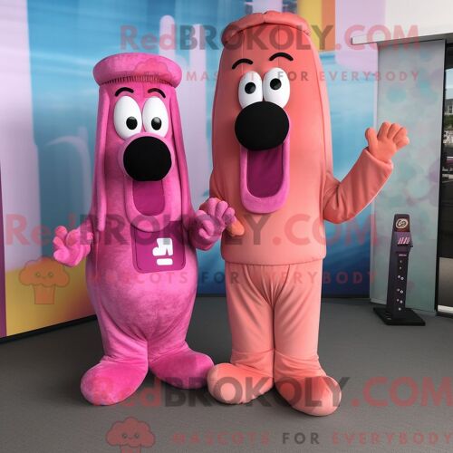 Costume Mascotte Redbrokoly De Hot Dogs Roses Personnage Habillé Avec Une Combinaison Et Des Bérets