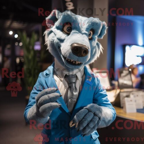 Costume Mascotte Redbrokoly De Thylacosmilus Bleu Personnage Habillé Avec Un Body Et Des Boutons De Manchette