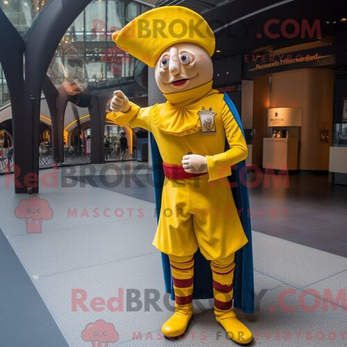 Costume Mascotte Redbrokoly De Garde Suisse Jaune Habillé Avec Un Jean Skinny Et Des Écharpes