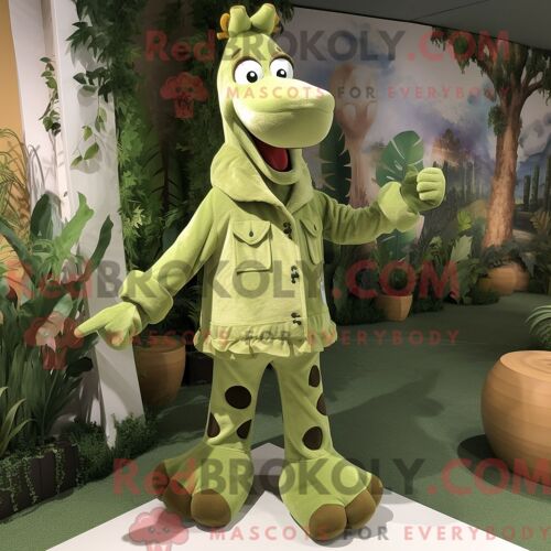 Costume De Mascotte Redbrokoly De Girafe Verte Personnage Habillé D Un Pantalon En Velours Côtelé Et De Coussinets De Pieds