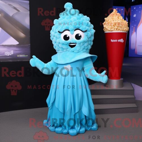 Personnage De Costume De Mascotte Redbrokoly Cyan Pop Corn Habillé Avec Une Robe De Soirée Et Des Bracelets De Cheville