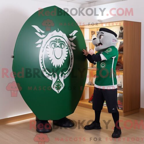 Costume De Mascotte Redbrokoly De Bouclier Celtique Vert Forêt Habillé Avec Une Chemise Oxford Et Des Cravates