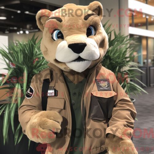Costume Mascotte Redbrokoly De Lion De Montagne Beige Habillé D Une Veste De Moto Et De Sacs Messager